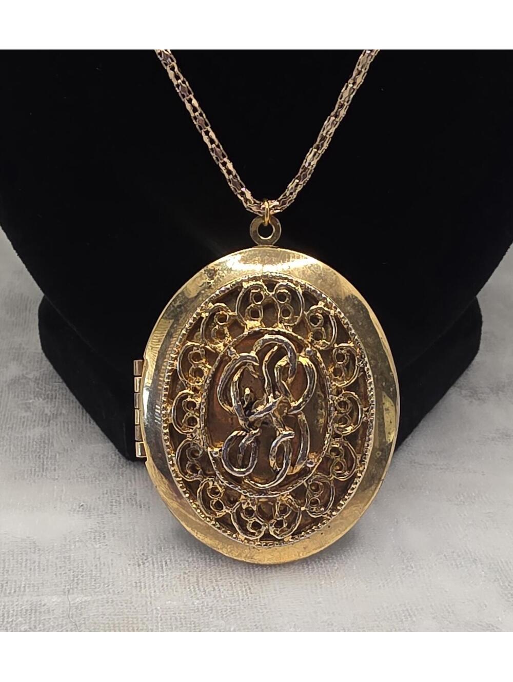 Vintage Oversized Gold Tone Locket Necklace 34" Victorian Revival Filigree